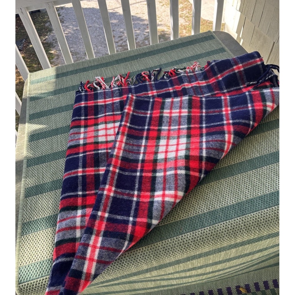 Troy Robe Plaid Stadium Throw Blanket 52x52 Red Navy Fringe Cabin Lodge